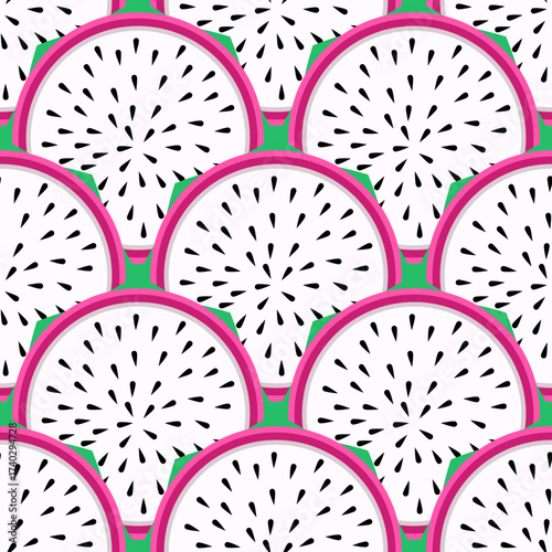 Dragonfruit slices seamless tropical pattern vector illustration 