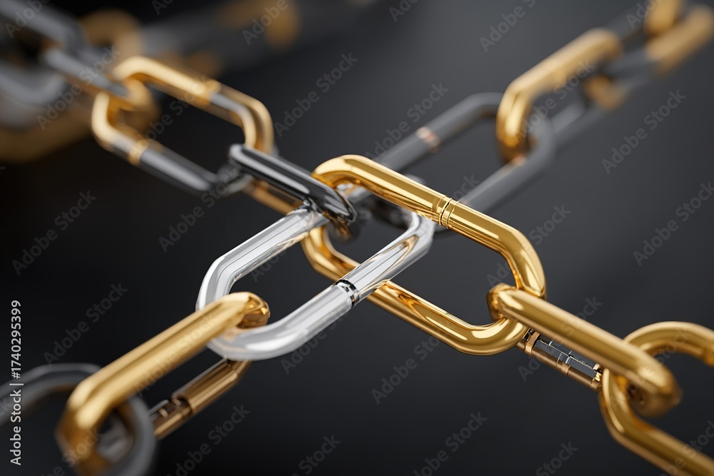 Fototapeta premium Modern metallic chain links with gold, silver, and black colors create a striking visual contrast against a dark background