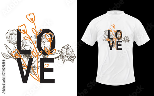Artistic typography design of the word love with floral elements and a t shirt mockup