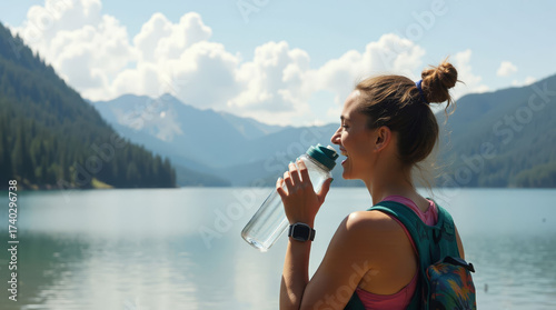 Active woman hydrating after hike at scenic mountain lake