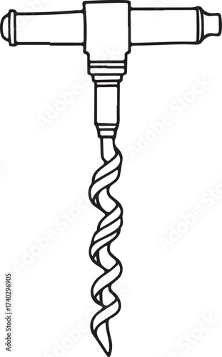 Corkscrew Cork Wine Bottle Opener Simple Hand-drawn Sketch Doodle Drawing Vector Illustration, Black and white Line Linear Isolated Art