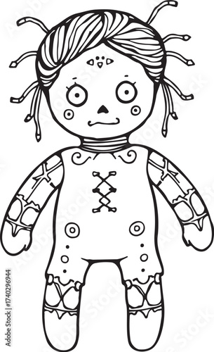 Voodoo Doll Dark Black Magic Simple Hand-drawn Sketch Doodle Drawing Vector Illustration, Black and white Line Linear Isolated Art