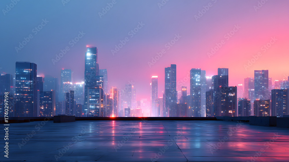 Fototapeta premium Cityscape at Dusk with Illuminated Skyscrapers
