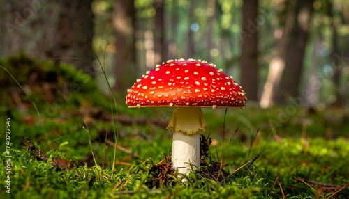 Stunning Close-Up of a Red and White Mushroom Growing in a Forest