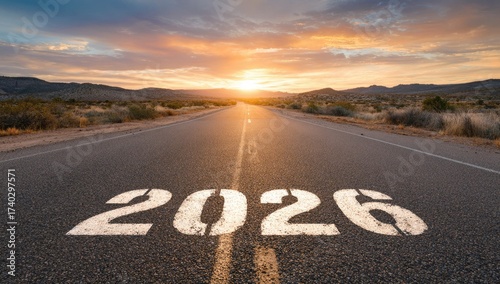 Asphalt road stretches to a sunrise, year 2026 painted on the road