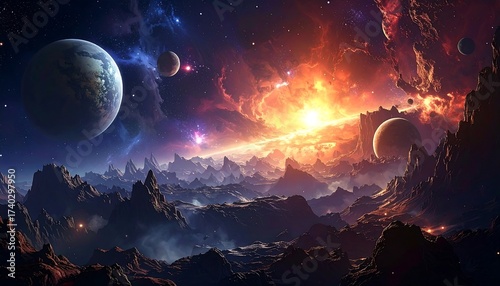 Stunning cosmic landscape with planets, nebulas, and mountainous terrain