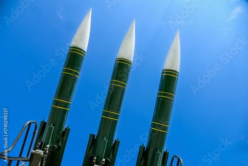 Defense forces weapon. Antiaircraft missles rockets aimed at the sky