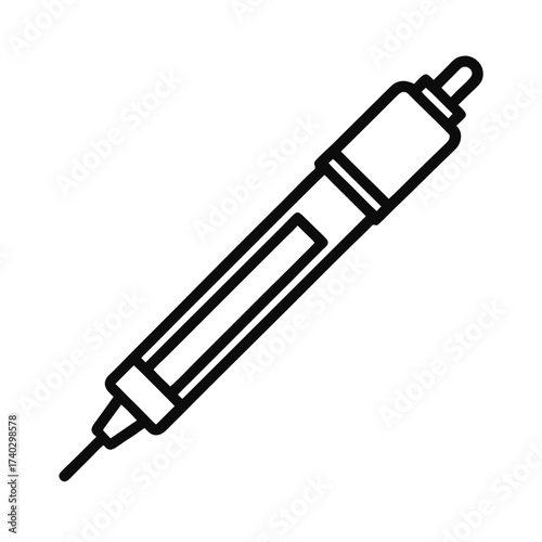 Stylized black outline icon of a pen with a clear barrel and cap