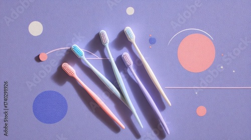 Colorful toothbrush arrangement on pastel geometric background for modern bathroom design,National Brush Day