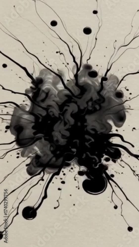 Animated brush ink splatter — black ink spreading dynamically.