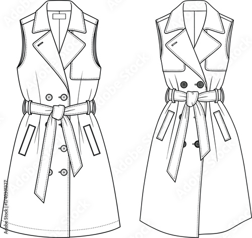 Sleeveless trench coat dress, double breasted, belted waist, fashion flat sketch, technical garment drawing, vector illustration, CAD template