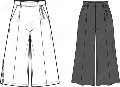 Wide leg pants technical fashion sketch, high waist trousers flat drawing, zipper pocket cad illustration, garment design vector template