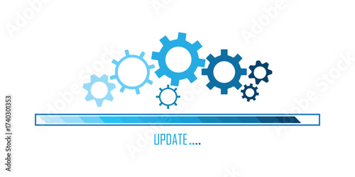 Update progress bar and gear icons, representing software installation, system maintenance, or technological advancement on a teal background.