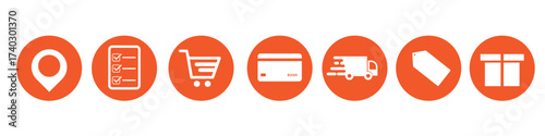 Icons representing delivery and online shopping elements.