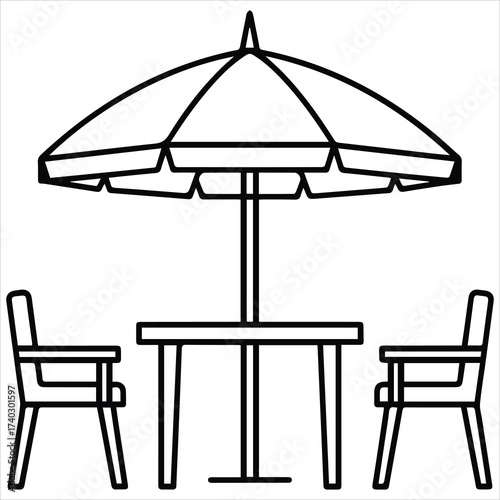 Outdoor patio table and chairs under an umbrella

