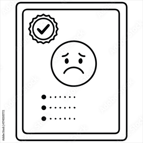Sad face on a card with checkmark and dotted lines

