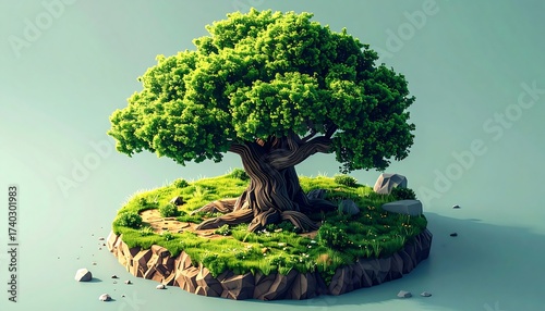 Stylized illustration of a tree on a small island, showcasing nature's beauty