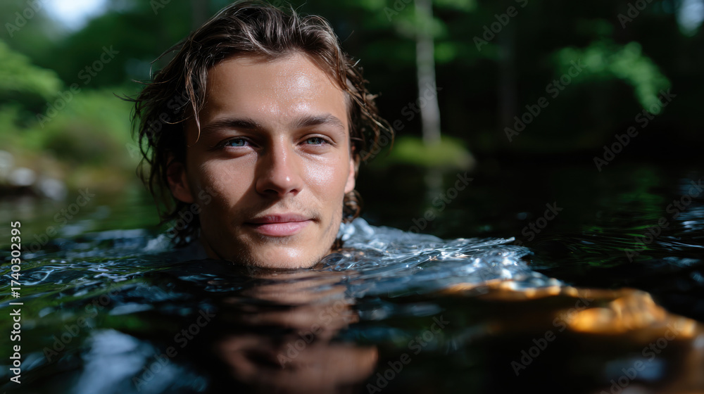 Fototapeta premium A young man enjoys swimming in a serene pond, his calm demeanor and joyful expression showcasing a deep connection with nature, evoking feelings of freedom and youth.