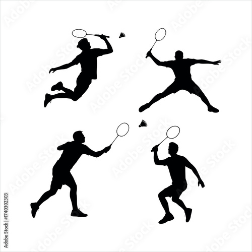 Vector art of dynamic silhouettes of badminton players in action