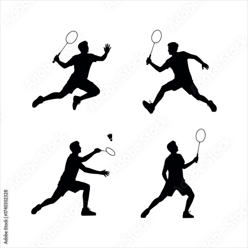 Badminton player silhouettes isolated on white background