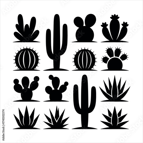 Collection of cactus silhouettes isolated on white background
