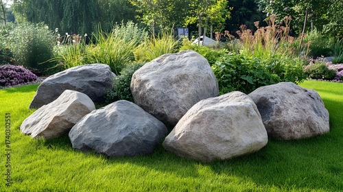 Aesthetic garden landscaping with natural stones on the vibrant green grass, outdoor design idea