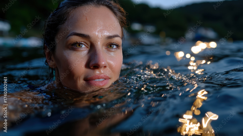 Fototapeta premium This enchanting close-up captures a woman with sparkling water droplets glistening on her skin, evoking feelings of freshness, playfulness, and connection with nature.