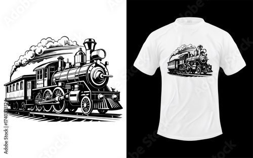 Vintage steam locomotive illustration on a white t shirt mockup with black background