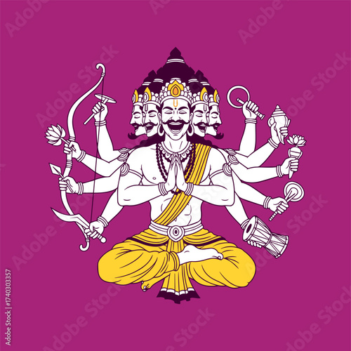 Stylized illustration of the ten-headed Hindu demon king Ravana sitting in a meditation pose (Padmasana) with multiple arms holding various weapons on a purple background.