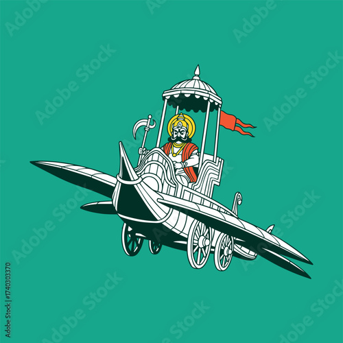 Vibrant vector artwork of an Indian King or deity majestically seated in a detailed, winged celestial chariot (Vimana) with a red flag, flying against a bold teal background.