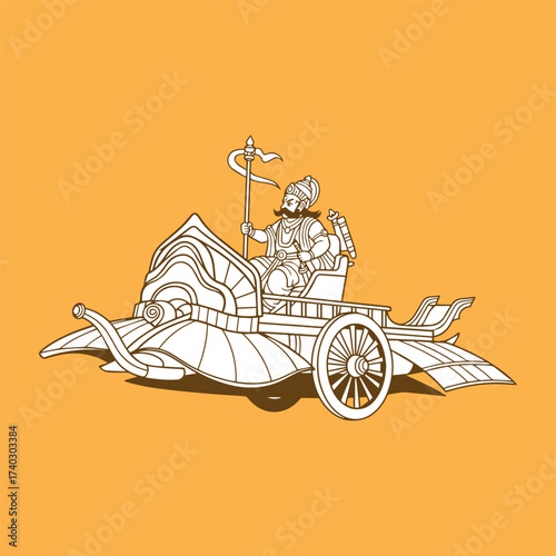 Detailed vector line art of a mythological Indian King or deity seated in an ornate, flying celestial chariot (Vimana). Symbolizes ancient power and divine transport.