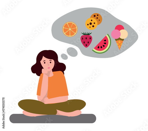 Illustration of a woman sitting on the floor and craving food, imagining sweets, fruits, ice cream, and cookies. Concept of food cravings, diet challenges, emotional eating, and temptation.