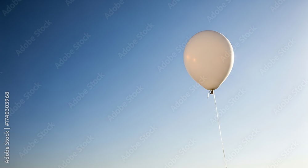 Fototapeta premium A single white balloon floats against a bright blue sky with a long string dangling below it