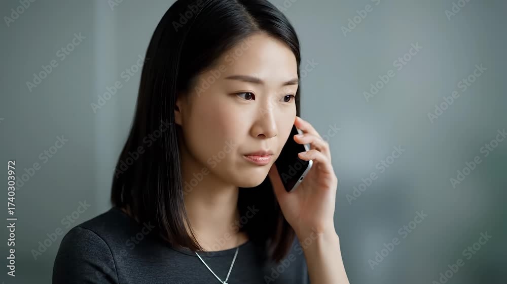 A woman with black hair holds a phone, and the phone forms a central part of the woman's action. The woman wears a gray shirt and necklace, enhancing her simple style.