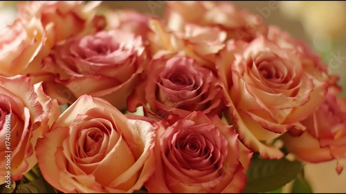 A beautiful arrangement of pink and peach roses, showcasing their delicate petals and vibrant colors in a soft-focus background.