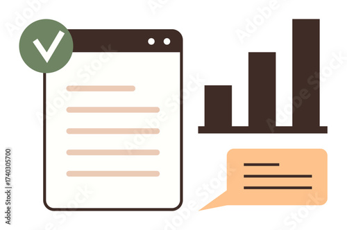 Verified document alongside a bar chart and message box. Ideal for data analysis, progress tracking, communication, business strategy, task completion, report validation, simple flat metaphor