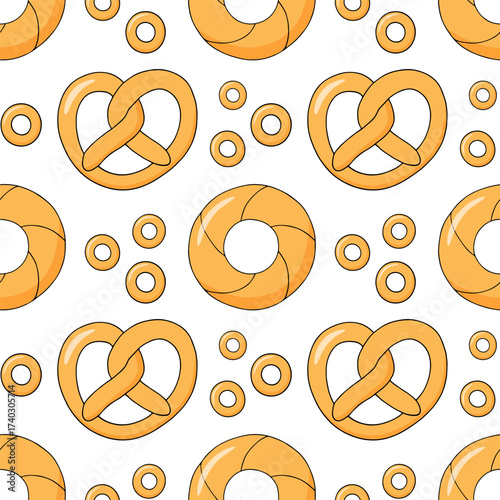 Pretzel and bagel, vector illustration, seamless pattern. Bread products, simit, round bun, donut. Doodle style.