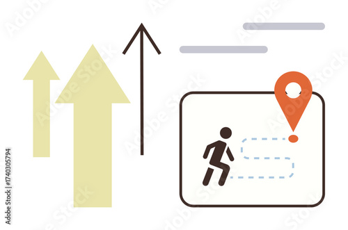 Arrows pointing upward symbolize growth, a running figure follows a dashed path towards a location pin, embodying progress and navigation. Ideal for success, strategy, goals, growth, achievement