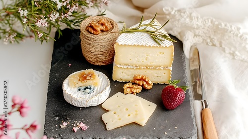 gourmet cheese platter, elegant food styling, walnuts and strawberry, soft textures and light, minimalistic table setting, creamy cheese blocks, floral background elements