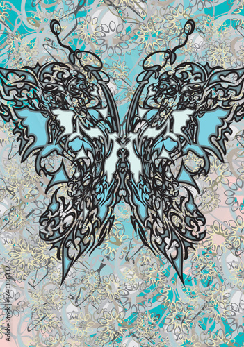Vertical butterfly motifs for carpets or dynamic posters. Textural backdrop in tribal style for invitation cards, fashion trends, business concepts, covers, interior solutions, tiles, prints, etc.
