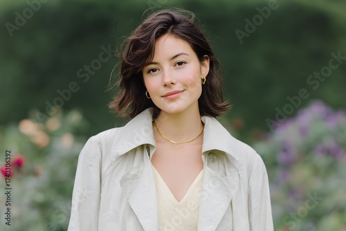 natural garden portrait, floral background softness, gentle smile, soft outdoor lighting, spring fashion look, light trench coat, fresh nature mood, peaceful environment