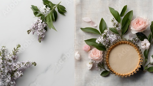 floral dessert arrangement, minimalist food styling, spring flowers and tart, marble and linen textures, top view setup, pastel color palette, fresh and elegant layout