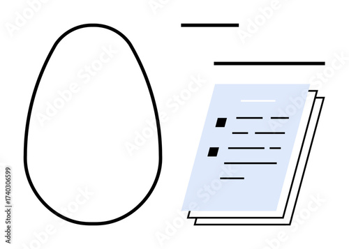 Egg-shaped outline next to stacked papers with text, lines, and checkmarks. Ideal for concepts thumbs up organization, simplicity, structure, planning, productivity, minimalism and order simple flat