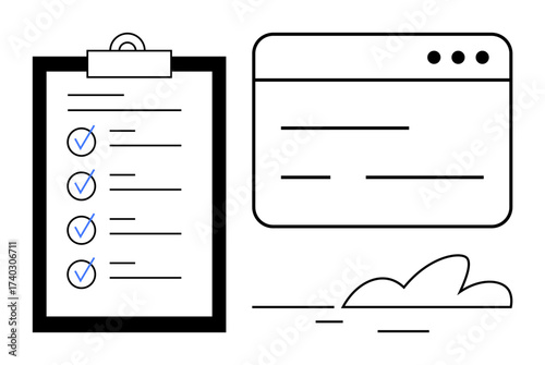 Checklist with blue checkmarks on clipboard next to browser window and cloud graphic. Ideal for productivity, organization, project management, task tracking, workflow, remote work, simple flat