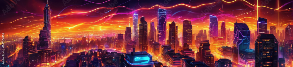 Fototapeta premium Epic cyberpunk metropolis panorama painted with fiery orange and electric purple