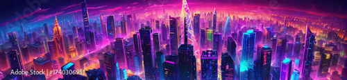 Epic cyberpunk metropolis panorama painted with fiery orange and electric purple