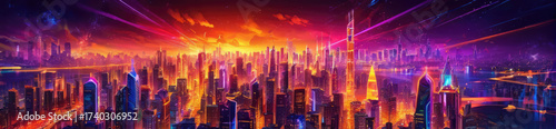 Epic cyberpunk metropolis panorama painted with fiery orange and electric purple