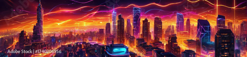 Epic cyberpunk metropolis panorama painted with fiery orange and electric purple