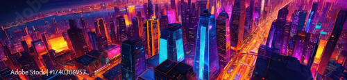 Epic cyberpunk metropolis panorama painted with fiery orange and electric purple