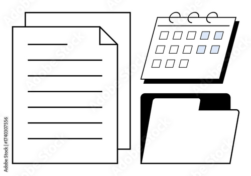 Two stacked papers, a calendar with marked dates, and a folder convey organization, task scheduling, and record-keeping. Ideal for productivity, time management, office workflow, goal setting